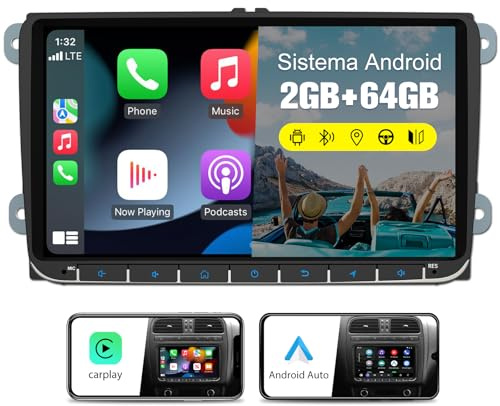 Hexinex【2+64G】Radio de Coche Android con Pantalla Táctil para VW, Autoradio de 9'' con CarPlay/Android Auto/Mirror Link,Compatible con WiFi/GPS/Bluetooth/RDS/USB/FM/Mandos del Volante y Cámara Trasera