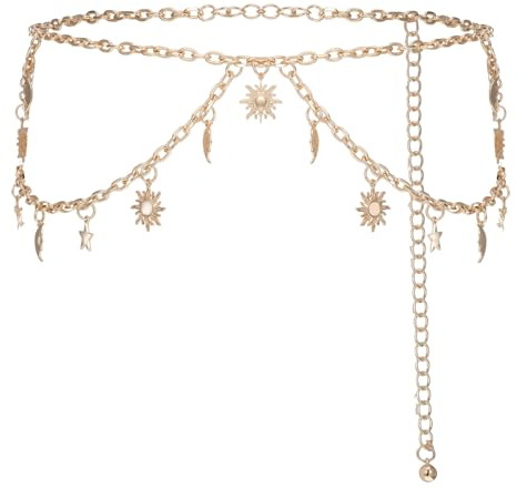 Ymapinc Gold Chain Belt Plus Size, Sun Moon Star Waist Chain, Decorative Metal Belt for Women Jeans Pants Dresses - Fits Waist Size 23-45 inch