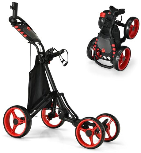 GOPLUS Golf Trolley, Golftrolley 4 Rad mit Verstellbarer Griff, Fußbremse, Golfwagen klappbar mit Scorecard-, Schirm- & Getränkehalter & Aufbewahrungstasche, Golfcaddy Golf Push Cart (Rot)