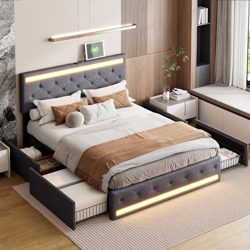 Polsterbett Doppelbett 140x200 cm, Stauraumbett mit 4 Schubladen, Bett 140x200 mit Bettkasten und Lattenrost, LED Kopfteil mit USB Ladestation, Jugendbett Funktionsbett Rückenlehne Bett, Leinen
