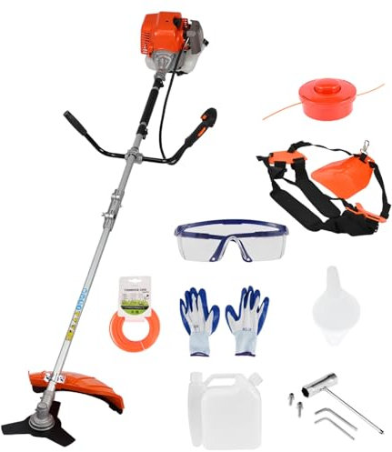 52cc Petrol Strimmer, 2-Stroke Gas Brush Cutter & Grass Trimmer, Heavy Duty Weed Eater with 3-Tooth Blade and String Trimmer Head, Cordless Lawn Tool