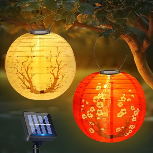 BIZOI Solar Lampions Außen Wetterfest, 2 Stück LED Laterne Wasserdicht Warmweiß Hängende, Solarbetrieben Gartenlaterne für Garten Terrasse Hof usw