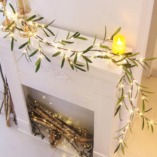 DELICHTER Rami luminosi rotanti da 1,8 m con 72 LED bianco caldo, luci a batteria con timer, ghirlanda decorativa natalizia con foglie di ulivo per Natale, Pasqua, da parete, da tavolo, da finestra