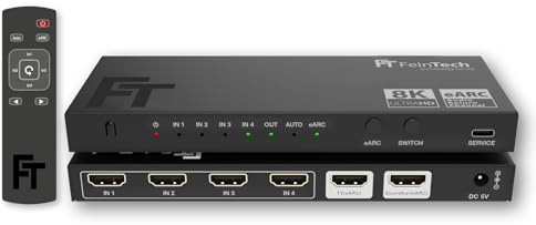 FeinTech AX340 HDMI 2.1 eARC Pass Switch Extractor de Audio para Barra de Sonido eARC - Soporta 8K 60Hz, 4K 120Hz, VRR, ALLM, Dolby Atmos, DTS - Divisor de Audio para Sistemas de Sonido (4 entradas)