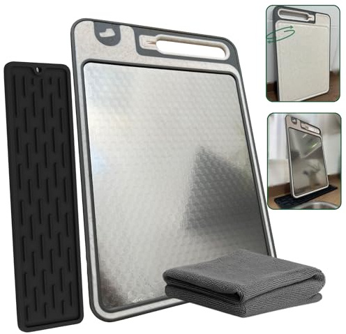 Tabla de cortar acero inoxidable – Pack que incluye soporte y bayeta, Tabla cortar acero inoxidable doble cara acero/PP ideal para carne, pescado o verdura. Tabla cortar cocina diseño diamante.
