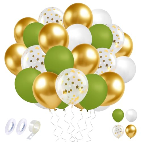60 Stück Luftballons Salbeigrün Gold,12 Zoll Luftballon Salbei Grün Gold Weiß Helium Ballons Mit 2 Band, 1 Ballongirlande, Balloons für Hochzeit, Geburtstag, Baby Shower, Party Dekoration