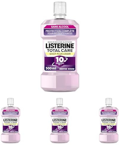 Listerine - Bain de Bouche Total Care Goût Plus Léger (bouteille de 500 ml) – Soin bucco-dentaire 10 bénéfices en 1 – Bain de bouche sans alcool pour une haleine fraîche durable (Lot de 4)