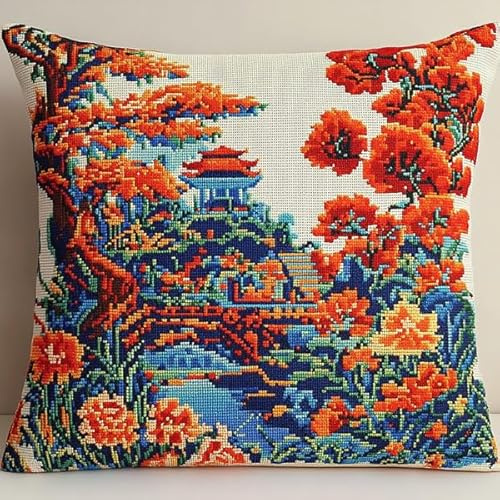 ANSIWEIGO Juego de cojines de nudos para anudar uno mismo, 43 x 43 cm, juego de anudados para niños y adultos, lienzo impreso, gancho de nudo, cojín de sofá 3D, decoración del hogar, jardín antiguo