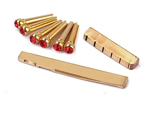 Messing Gitarrensteg mit Sattel und Rotem Kristall Design | Ersatzteil Satz für Akustikgitarre, Flacher Boden, Gl24-bauform, Zubehör für Gitarrenbrückenteile