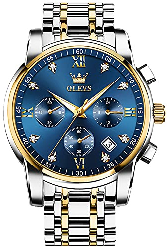 OLEVS Watches Men Gold Silver Stainless Steel Chronograph Watch for Men Roman Numerals Diamond Analog Quartz Men's Watch Big Face Classic Blue Waterproof Luminous with Date Mens Watches