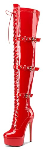Castamere Femmes au-dessus du Genou Aiguille Talon Heel Plate-forme Bottes Rond Bout Lacets Boucle Fermeture à Glissière 15 CM Heels Rouge 39 EU