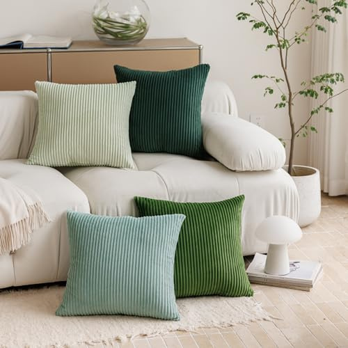 4er Set Kissenbezug 40x40cm Grün Kordsamt Gestreift Kissenbezüge Dekokissen Sofakissen Couchkissen Zierkissenbezug Deko Wohnzimmer Kissenhülle für Sofa Schlafzimmer Balkon Büro Forest Green