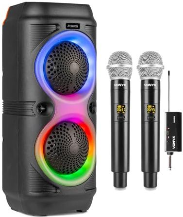 Fenton Track210 Portable Bluetooth Karaoke Speaker System with Two Wireless Microphones, Home Karaoke Setup with LED Party Lights, Rechargeable Battery & Stereo Pairing Functionality