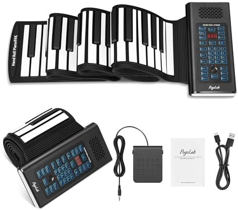 POGOLAB 88-Tasten-Roll-Up-Keyboard-Piano, wiederaufladbares Roll-Up-Piano mit 20 Demos/128 Klangfarben/128 Rhythmen/Kopfhöreranschluss/Bluetooth/Drum-Kit, faltbares Reise-Handroll-Piano für alle