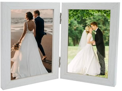 Double Photo Frame 6 x 4 White Picture Frames Wooden Photo Frames | Twin Hinged Folding Picture Frame, Acrylic Front Stand Vertical on Desktop, Holds 2 Standard Photographs