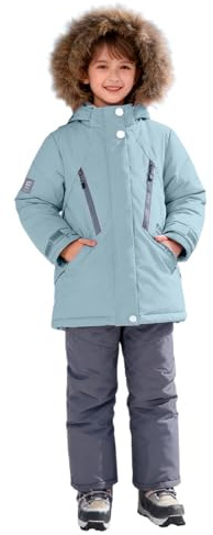 Tuta da neve, calda tuta da sci per bambini, ragazzi e ragazze, piumino con cappuccio staccabile, pantaloni da neve impermeabili, per sci invernale, sport e attività all'aperto, Verde chiaro, 7-8
