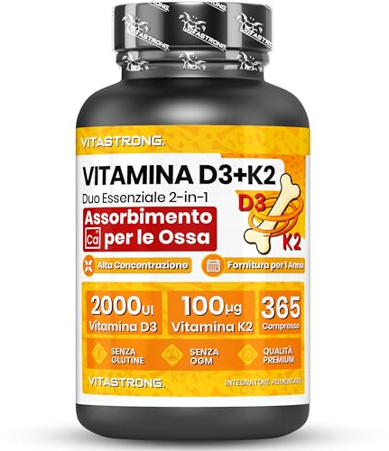 Vitastrong. Vitamine D3 + K2 – 365 Comprimés (Cure d'un An) – Haut Dosage 2000 UI Vitamine D3 & 100 µg Vitamine K2 MK-7 – Maintien des Os et Système Immunitaire – Végétarien, Sans Gluten
