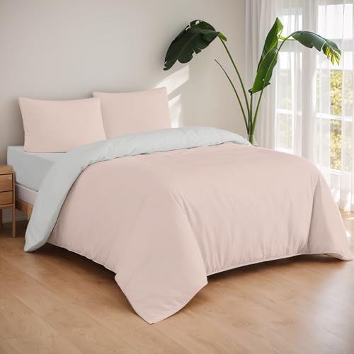 Etrexonline Juego de Funda Nórdica 3 Piezas Cama 90 – Reversible Doble Color Liso – Funda Edredón 150x220cm, Bajera 90x200cm y Funda Almohada 50x90cm – Microfibra Suave – Rosa y Gris