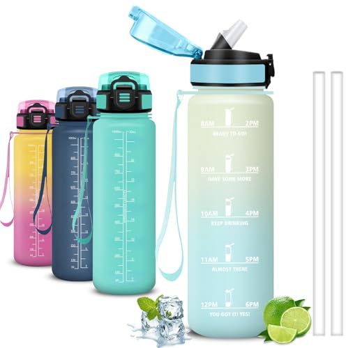Mujigaga Borraccia 1 litro, Borraccia con Cannuccia, Senza Perdite, Borraccie Motivazionale, Facile da Pulire, Con Slogan Motivazionale, Water Bottle per Fitness, Ciclismo, Trekking, Nuotare