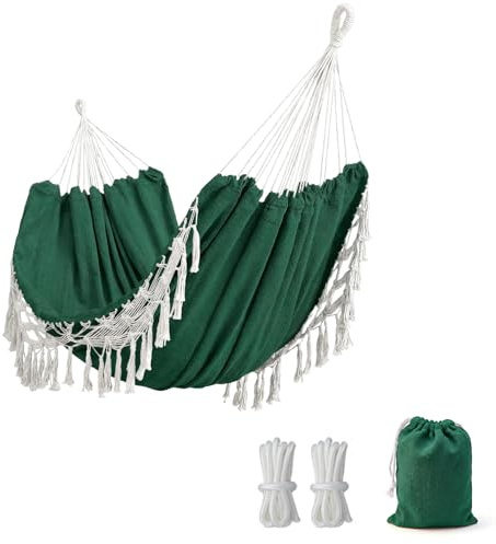 Hängematte Outdoor Boho Hängematte 2 Personen, Tragfähigkeit bis zu 204kg, tragbar mit Tragetasche für Patio Garten Hof Indoor （Grün）