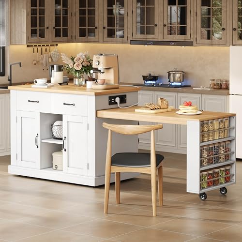 Juabett Mobiler Kücheninsel mit Rollen, Weiß Küchenwagen mit ausziehbarem Esstisch, Einziehbarem Bartisch, Movable Kitchen Island mit 7 Rädern, 2 Schubladen & Verstellbaren Regalen, 132(235)x60x93 cm