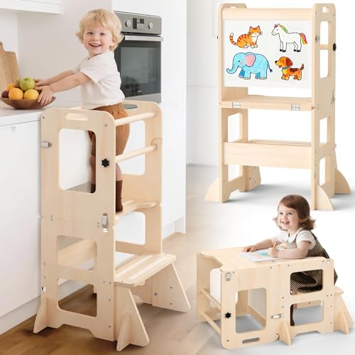 Montessori Lernturm ab 1 Jahr, 4 in 1 Montessori Learning Tower für Kinder mit Rausfallschutz, Lernturm mit Whiteboard, Geschenk für Jungen und Mädchen 1-3 Jahre alt