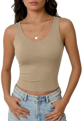 Xiaoliny Canotta Donna Estive Scollo a V Basic Tank Top Doppio Strato Casual T-Shirt Senza Maniche Slim Fit Elegante Maglietta Elasticizzato Tops Sportiva Morbido Sottogiacca Tinta Unita Canottiera
