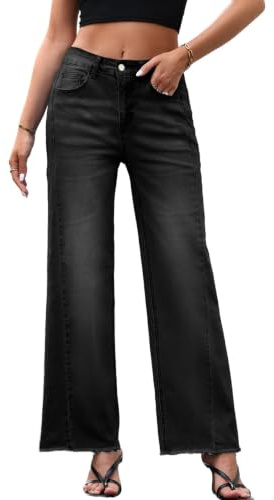 Dokotoo Women's Wide Leg Jeans High Waisted Stretchy Raw Hem Denim Pants | Womens Jeans with Pockets,Baggy Jeans,Ladies Trousers,High Rise,Cotton,Zimbaplatinum,Side Seam,Loose,Trendy,Fashion Clothing