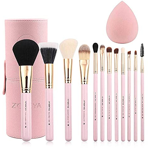 Zoreya Makeupborstset 12 st rosa syntetiska makeupborstar reseset med hållare sminkborste organiserare foundation pulver kontur rodna ögon kosmetiska borstset i fodral med bonusgåva makeup svamp
