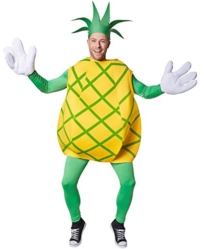 dressforfun tectake Kostüm Ananas Ananaskostüm | Ärmelloses Oberteil mit gekreuzten, grünen Streifen | Große, lustige Handschuhe | Inkl. Kopfbedeckung in Form eines Blattschopfes (M | Nr. 301631)