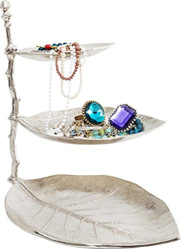 Kare Design Etragere Leaf, Silber, Schmuckablage mit 3 Etagen, Aluminium, Blattoptik, Schmuckaufbewahrung für Halsketten, Armbänder, Ringe, 46x32x45 cm (H/B/T)