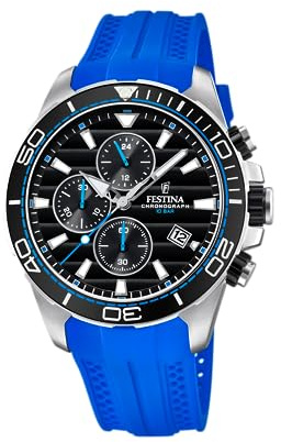 Festina Montre Homme Analogique en Caoutchouc Bleu - Mouvement Quartz - Montre de Sport pour Homme - Chronographe - Calendrier - Verre Minéral Résistant - Étanche 10 ATM F20370/5 Special Prices