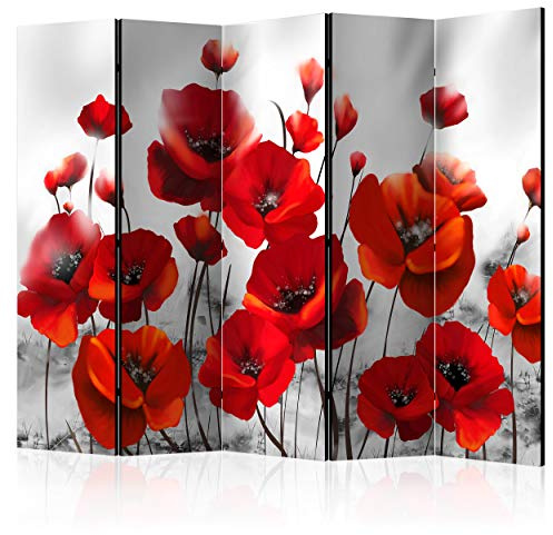 decomonkey Paravent Raumteiler Innen Mohnblumen, 225x172 cm, 5-teilig | Beidseitig, Blumen, Wohnzimmer, Room Divider, Wall, Raumteiler Stehend, Trennwand, Sichtschutz, Spanische Wand, Holz