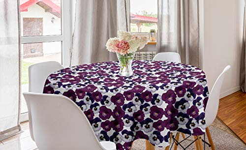 ABAKUHAUS Stiefmütterchen Runde Tischdecke, Frühlings-lila Blüten Kunst, Kreis Tischdecke Abdeckung für Esszimmer Küche Dekoration, 150 cm, Multicolor und Weiß
