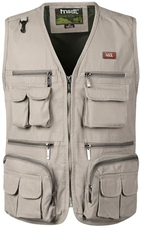 KTWOLEN Homme Gilet de Sport Multipoches Gilet de Pêche Veste de Chasse Sans Manche Fermeture éclair Gilet pour Peche Photographe, Beige, XL