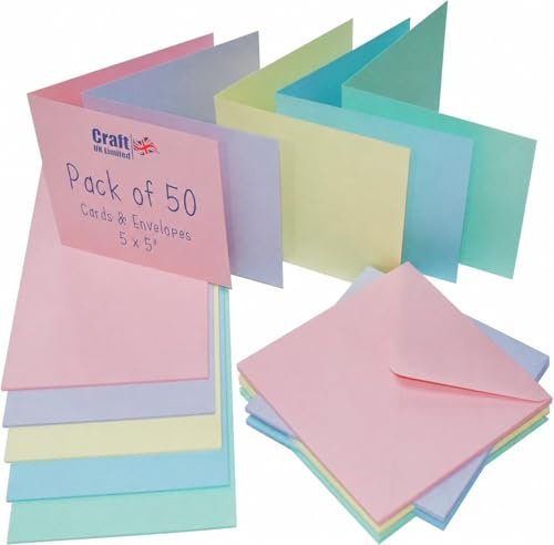 Craft UK, 50 Blank Cards and Envelopes for Card Making, Made in The UK, Lasting Quality, Mixed Pastels, 5 x 5-Inch