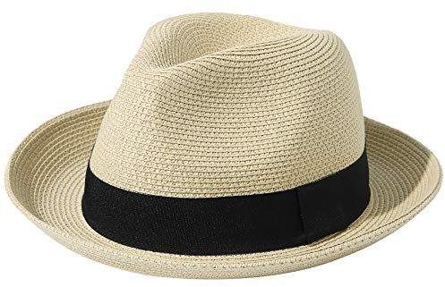 Lanzom Chapeau de paille pliable pour homme et femme, chapeau de soleil Fedora pour l'été, la plage, le soleil