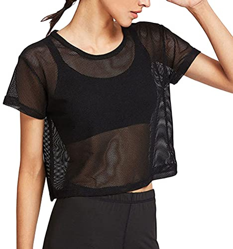 ORANDESIGNE Top Dentelle Sexy Transparent Haut T-Shirt Femme en Résille Perspectif Manches Longues Crop Top Mesh Col Rond Chemise Slim Fit Babydolls Soirée G Noir S