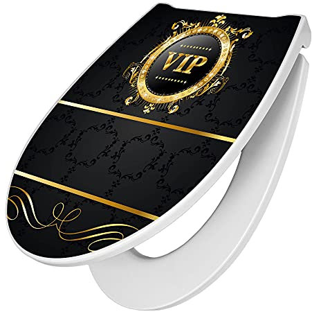 banjado Premium Toilettendeckel mit Absenkautomatik 45x38,4cm / WC Brille Soft Close/hygienischer Toilettendeckel/Klodeckel Duroplast mit Edelstahl Scharnier/Motiv VIP