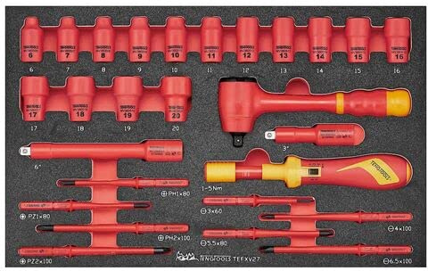 Teng Tools 27 Piece 1000 Volt Insulated 3/8 Inch Drive Ratchet, Metric 6 Point Socket, Extension Bar, Torque Screwdriver EVA Foam Set - TEFXV27