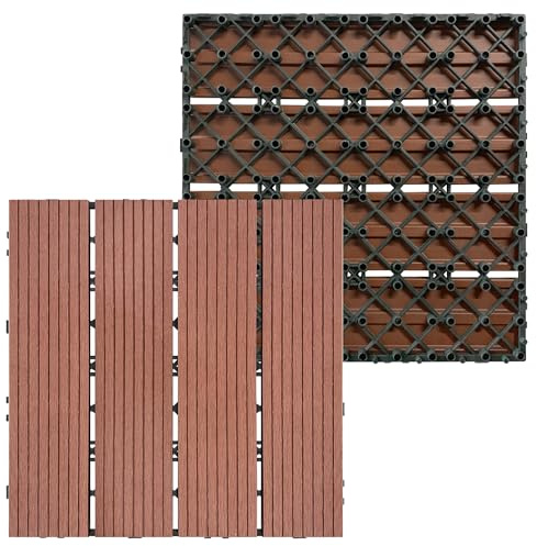SUBTLETY 1m² WPC Terrassenfliesen 11 Stück Holzoptik Plastik Balkonfliesen 30x30cm Klickfliesen Set mit Drainage Gitter Kunststoff Gartenfliesen für Garten Terrasse Balkon Teich (Braun)