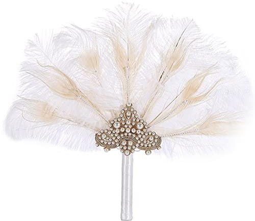 Vintage Feather Fan Elegant Rhinestone Bridal Hand Fan African Style Fan for Costume Dancing Show Tea Party Wedding Decoration