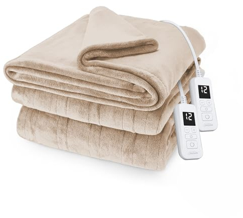 Sunbeam Royal Posh Velvet Heated Electric Blanket Queen Size, 90 x 84, 12 Heat Settings, 12-Hour Selectable Auto Shut-Off, Fast Heating, Machine Washable, Warm and Cozy, Champagne
