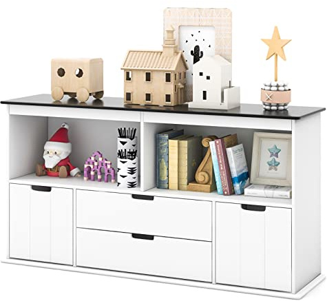 COSTWAY Coffre à Jouets pour Enfants avec Tableau Noir Inscriptible, Meuble de Rangement Enfants avec 2 Bacs & 2 Tiroirs Amovibles, Compartiment Ouvert pour Chambre d'enfant(121 x 33 x 62 cm)