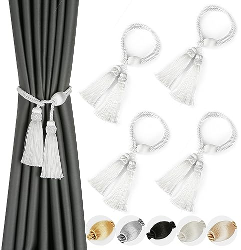 BEL AVENIR Vorhang-Raffhalter mit Quaste, modernes Seil, Fenstervorhang, Raffhalter für Vorhänge, Outdoor, elegant, dekorative Vorhanghalter, 4 Stück (weiß)
