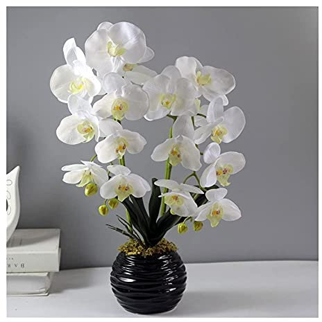 Kunstblumen Realistische künstliche Blume, künstliches Blumen-Set, künstliche Orchidee, künstliche Blume, Phalaenopsis, künstliche Orchideenblume und Blumentopf (weiße + schwarze Vase) (weiße + schwar