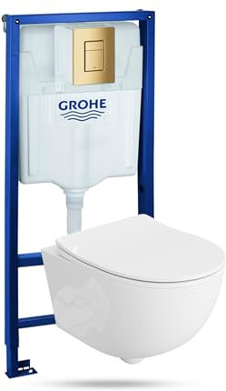 Lavita Vorwandelement Solido + Wand Hänge WC Brava Weiß Spülrandlos + WC Sitz mit Absenkautomatik Goldener Knopf Komplettset Unterputz Spülkasten Toilette Komplett Sett WC