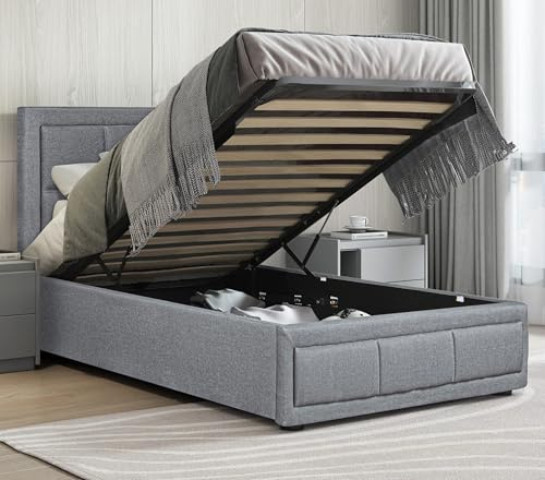 Grey Linen Upholstered Ottoman Bed, Single Bed Frame UKFR Ottoman Storage Bed With Gas Lift End Opening Wooden Slats With Storage Bed (3ft Single 90 x 190, No Mattress)