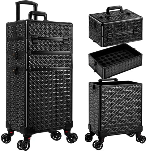 JINGUAN 3-i-1 rullande makeupfodral professionell kosmetisk vagn stor förvaring med nycklar svängbara hjul salong frisörväska resevagn bagageutrymme för smink hårstylister nagelteknik ., Svart,