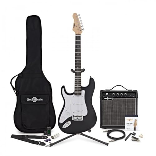 Linkshänder-E-Gitarren-Paket für Anfänger mit 15-W-Verstärker und Zubehör, schwarz